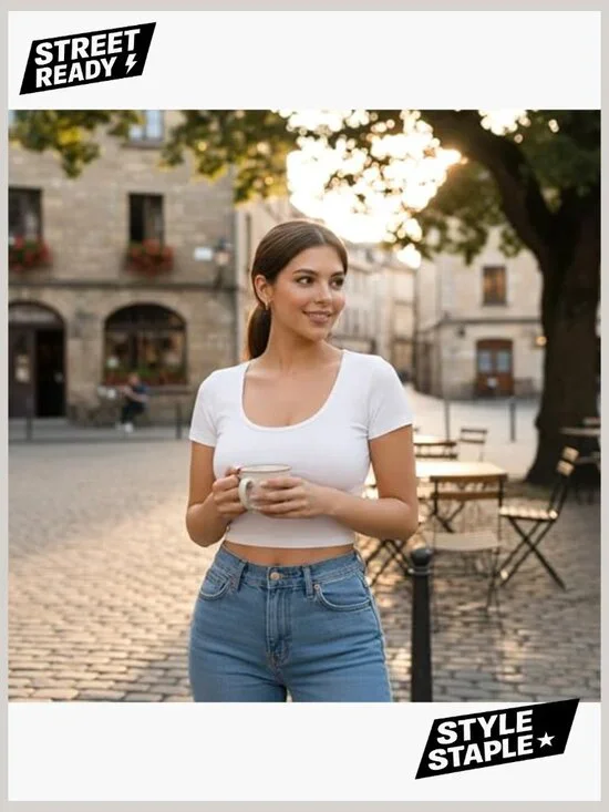 Slim Fit Scoop Neck Crop Top, Soft Cotton Blend, Casual Summer Tee - Picture 3 of 7